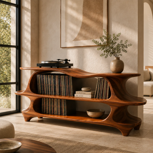 Sculpted Natural Solid Wood Record Player Stand With Flowing Open Shelves - ArborisWood