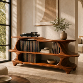 Sculpted Natural Solid Wood Record Player Stand With Flowing Open Shelves - Arboriswood