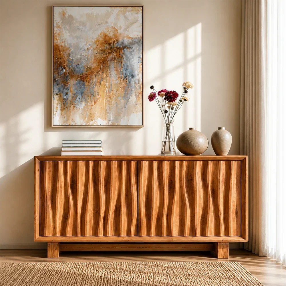 Sculpted Natural Solid Wood Sideboard Cabinet with Organic Texture - ArborisWood - 3