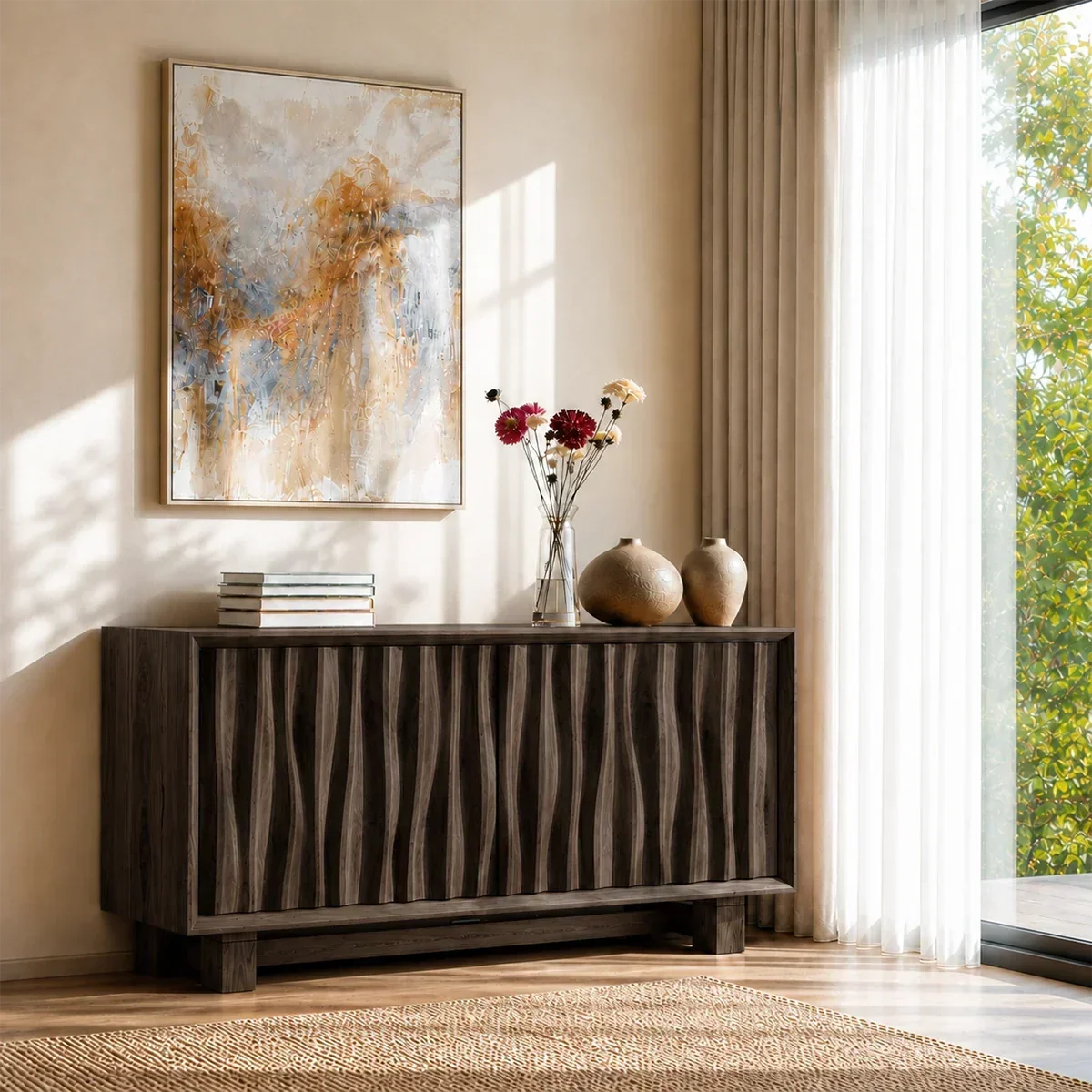 Sculpted Natural Solid Wood Sideboard Cabinet with Organic Texture - ArborisWood - 7