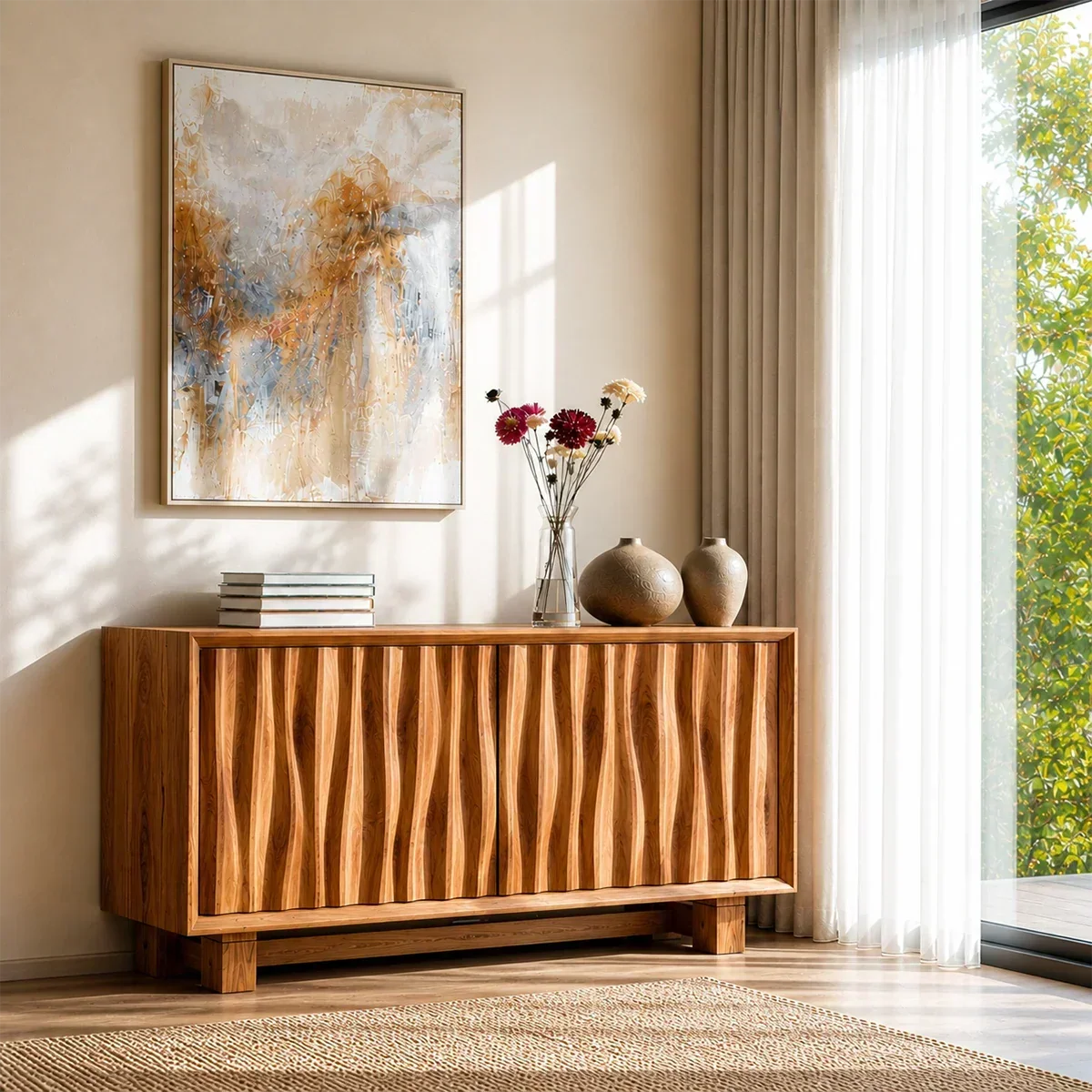 Sculpted Natural Solid Wood Sideboard Cabinet with Organic Texture - ArborisWood