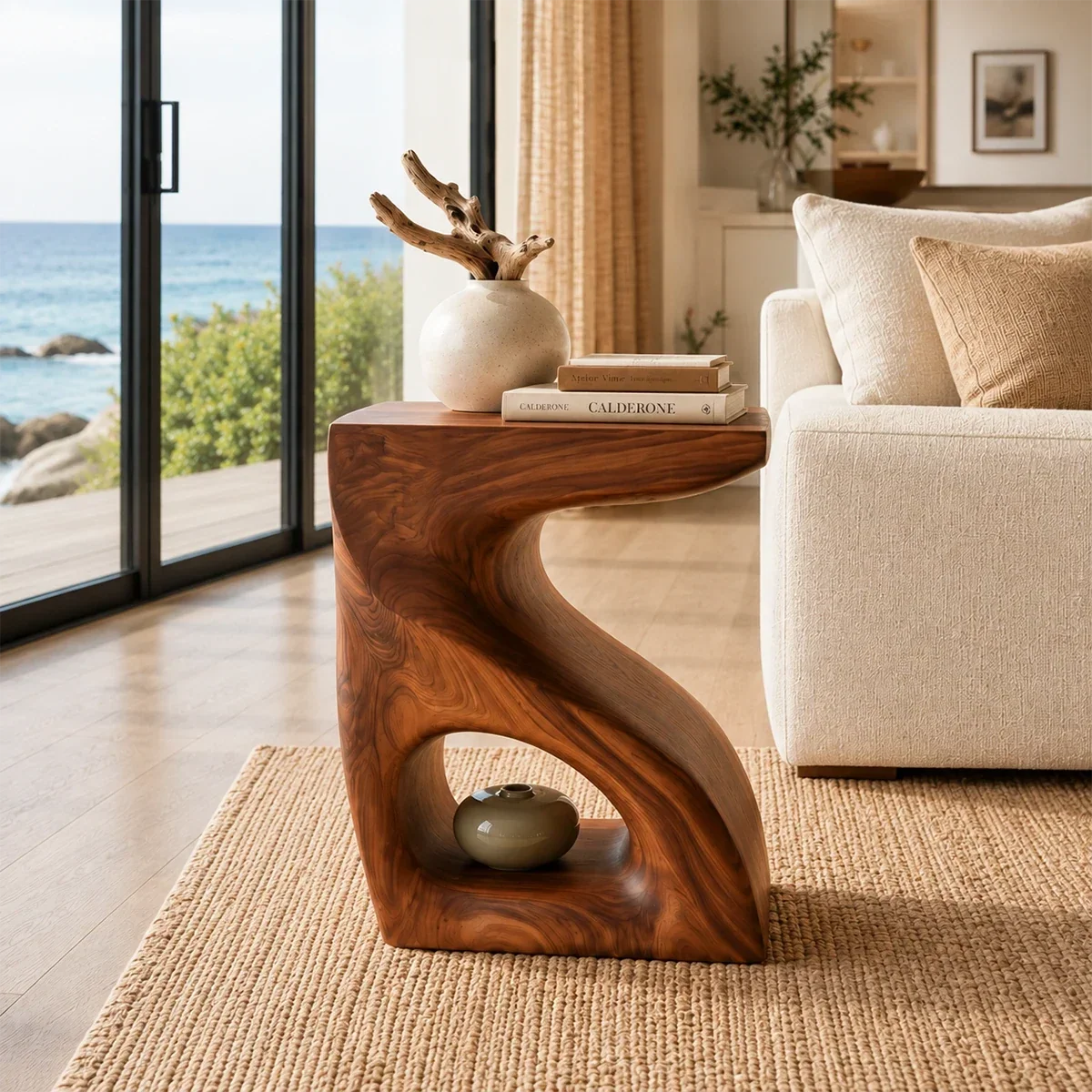 Accent end table featuring a sculpted frame and lower shelf for compact decor storage