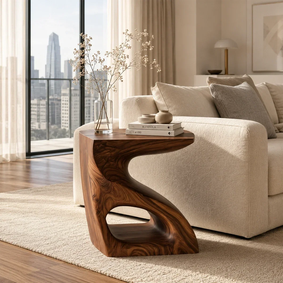 Statement end table with organic lines and open storage in a refined living room setting