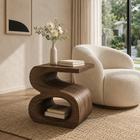 Sculptural end table with open storage and dark wood tone finish in a bright interior