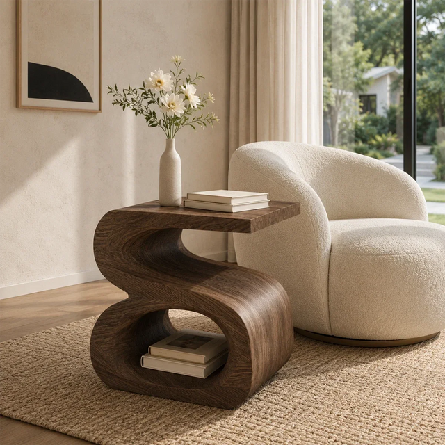 Sculptural end table with open storage and dark wood tone finish in a bright interior