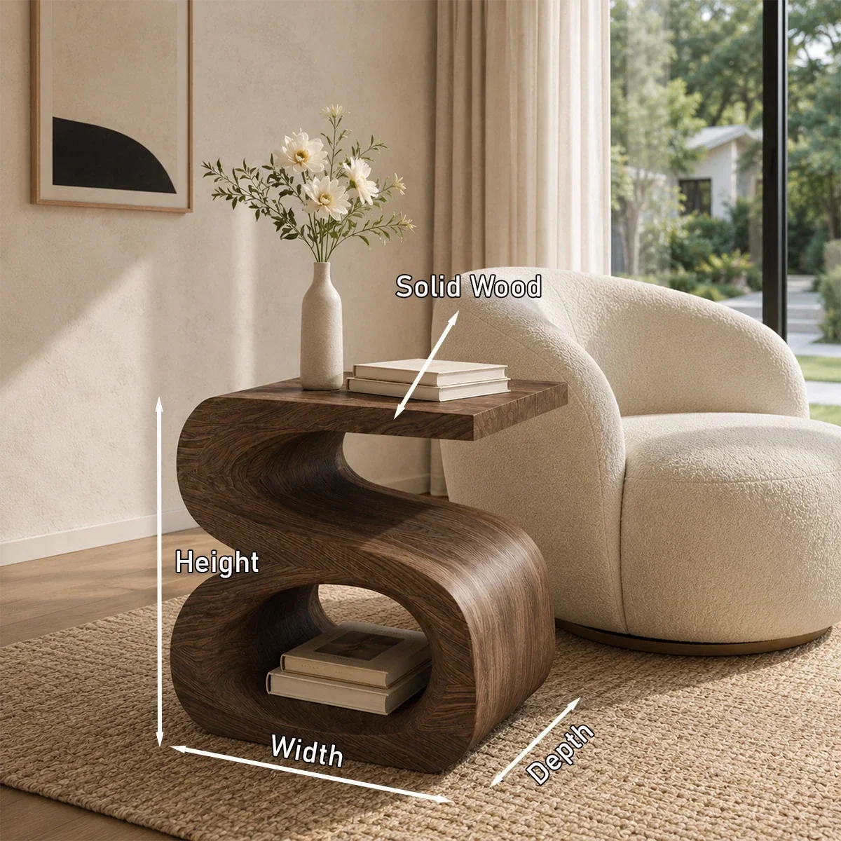 Minimalist side table with sculpted shelf space and elegant profile for modern interiors