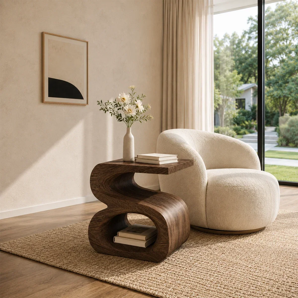 Organic modern side table with flowing curves and lower shelf beside soft lounge seating