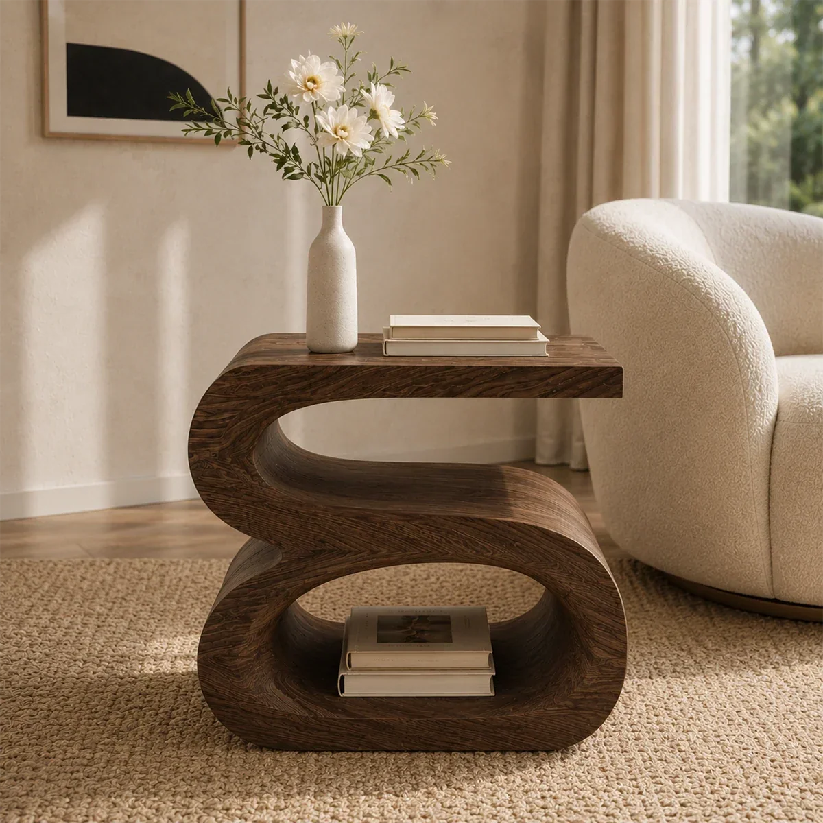 Accent end table featuring sculpted openings and practical book storage for modern rooms