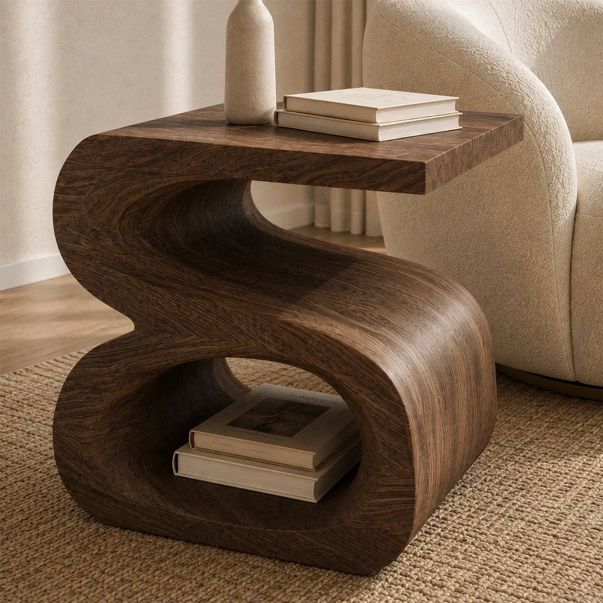 Designer side table with curved frame and visible grain in a calm contemporary interior