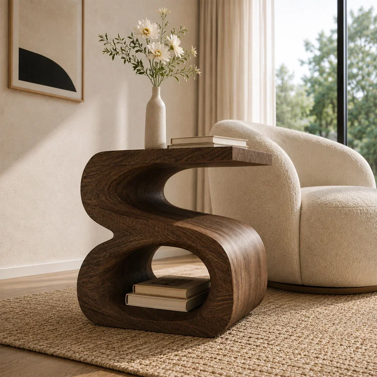 Modern end table with artistic open form and warm finish beside a rounded lounge chair
