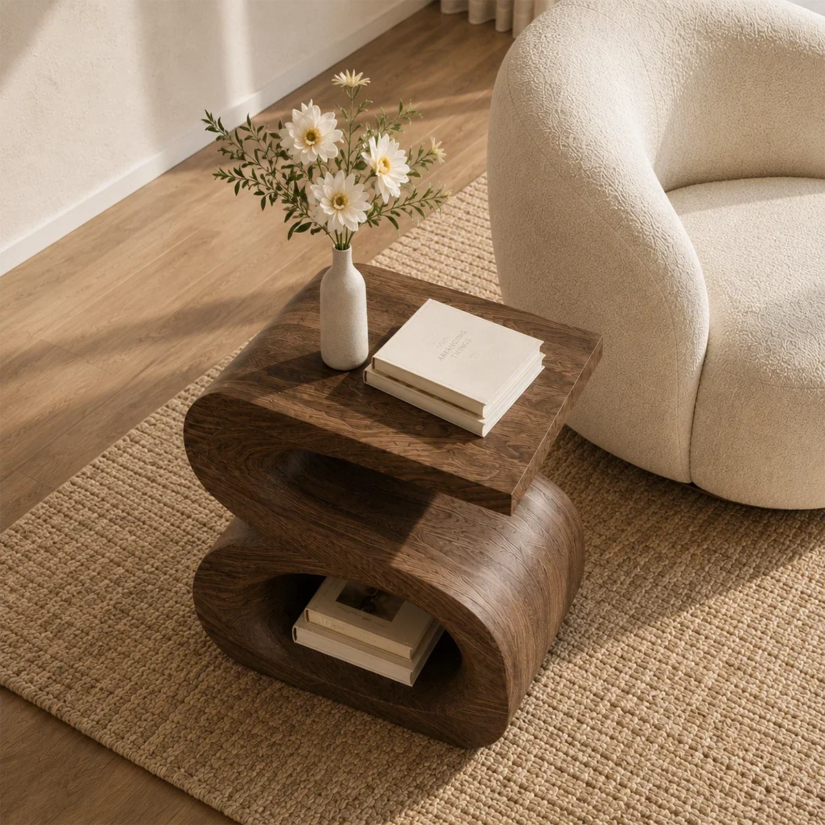 Curved side table adds sculptural character and useful storage to serene living spaces
