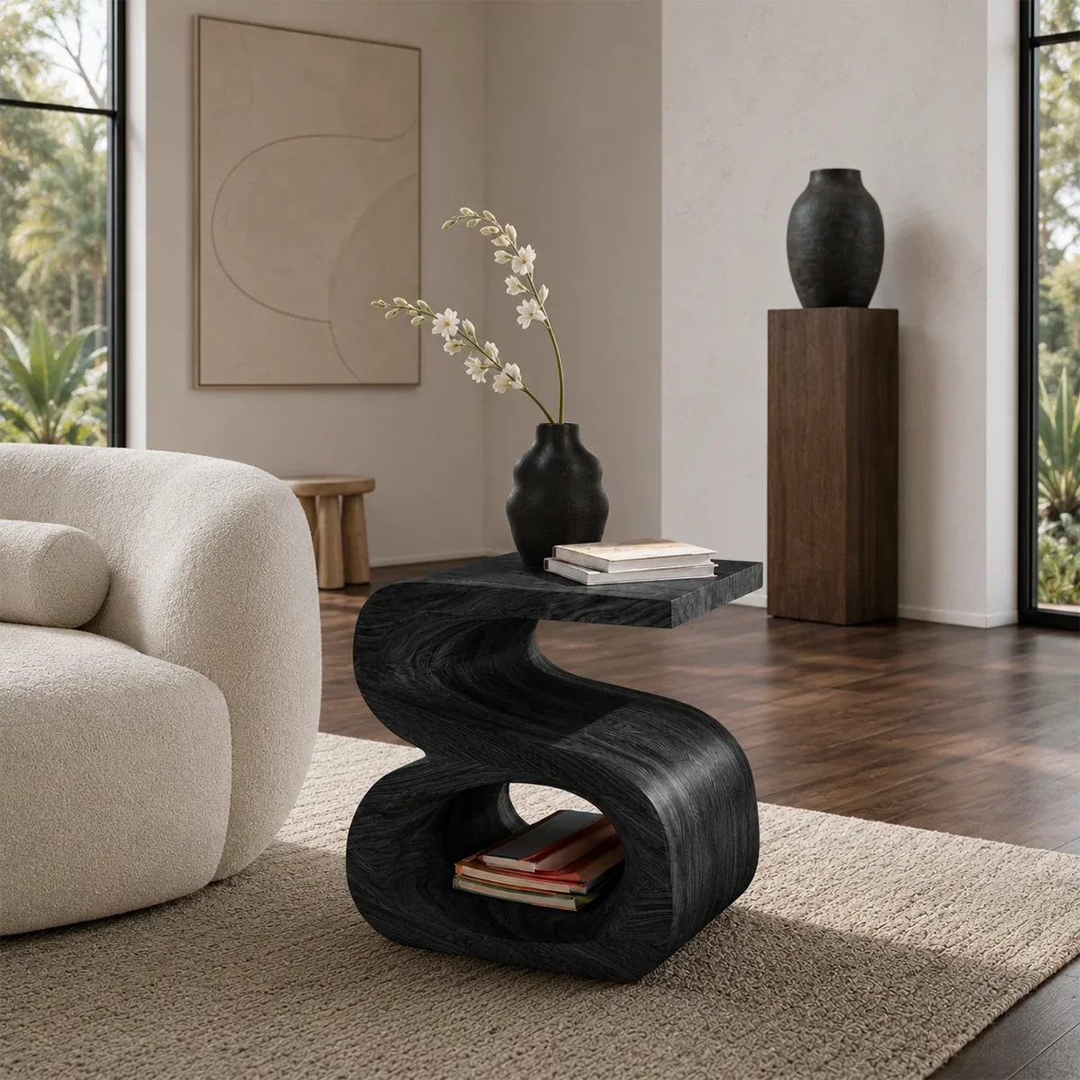Contemporary end table showcases curved openings and rich wood tone in an airy room