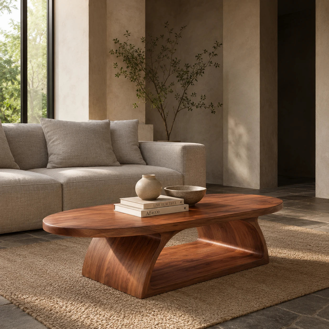 Oval solid wood coffee table with sculptural pedestal base in a calm modern living room