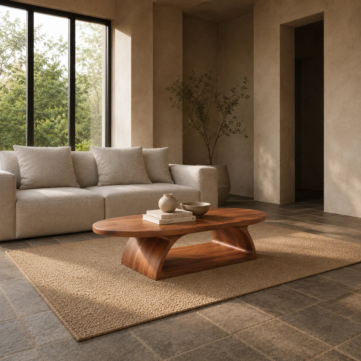 Modern coffee table with rounded top and curved wood base for a refined lounge space