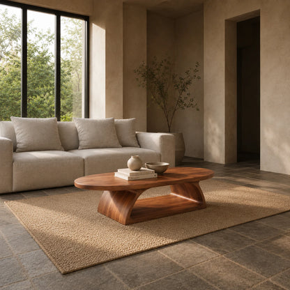 Modern coffee table with rounded top and curved wood base for a refined lounge space