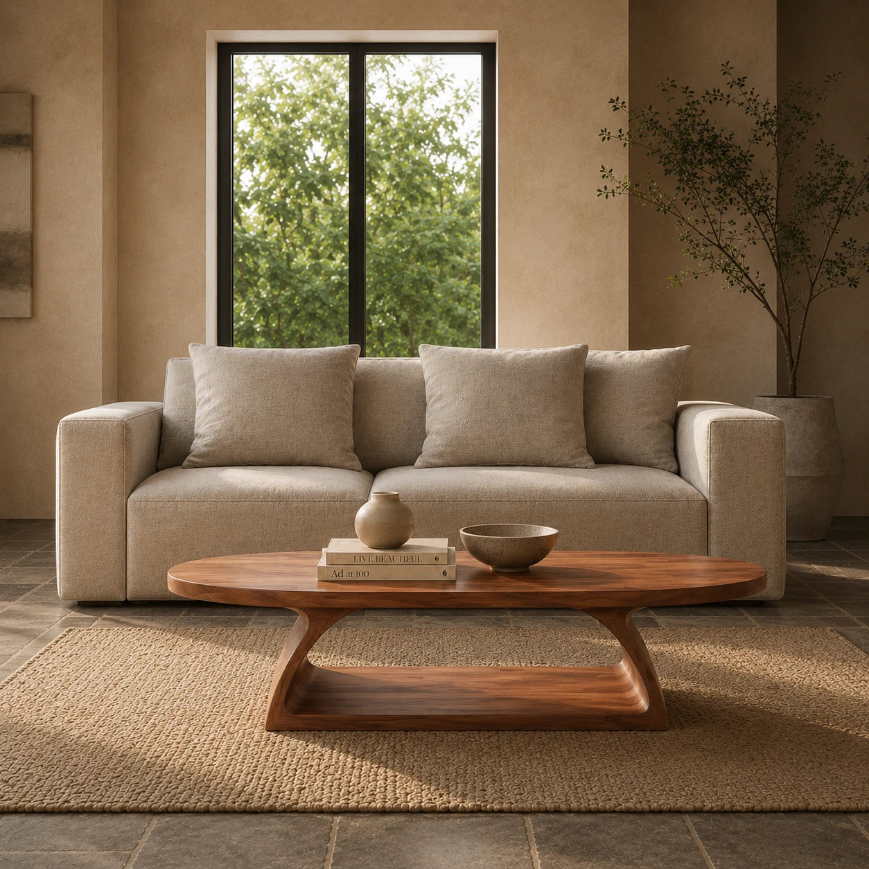 Sculptural living room coffee table with smooth oval form and warm natural wood grain