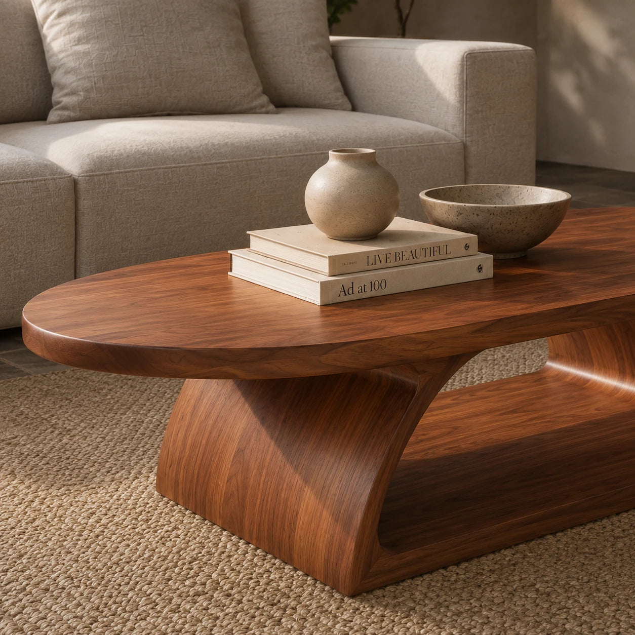 Handcrafted coffee table featuring an oval top and flowing base in a minimalist interior