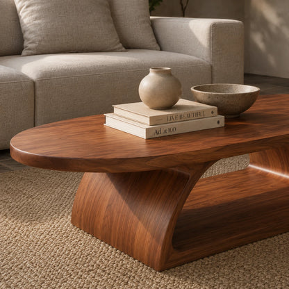 Handcrafted coffee table featuring an oval top and flowing base in a minimalist interior