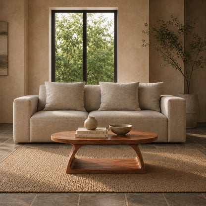 Elegant coffee table with a streamlined oval profile and handcrafted wood construction