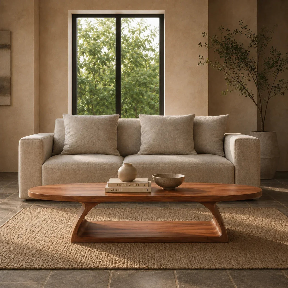Organic shape coffee table with smooth edges and sculptural base for cozy modern spaces