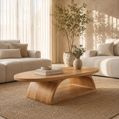 Statement coffee table with broad oval surface and sculpted base in a serene lounge