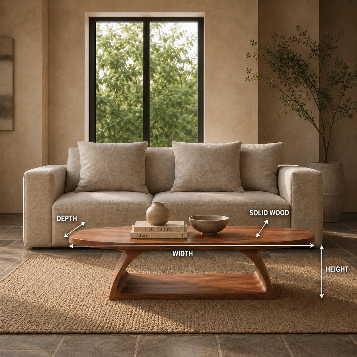 Designer coffee table with soft curves and natural wood texture for elevated living rooms