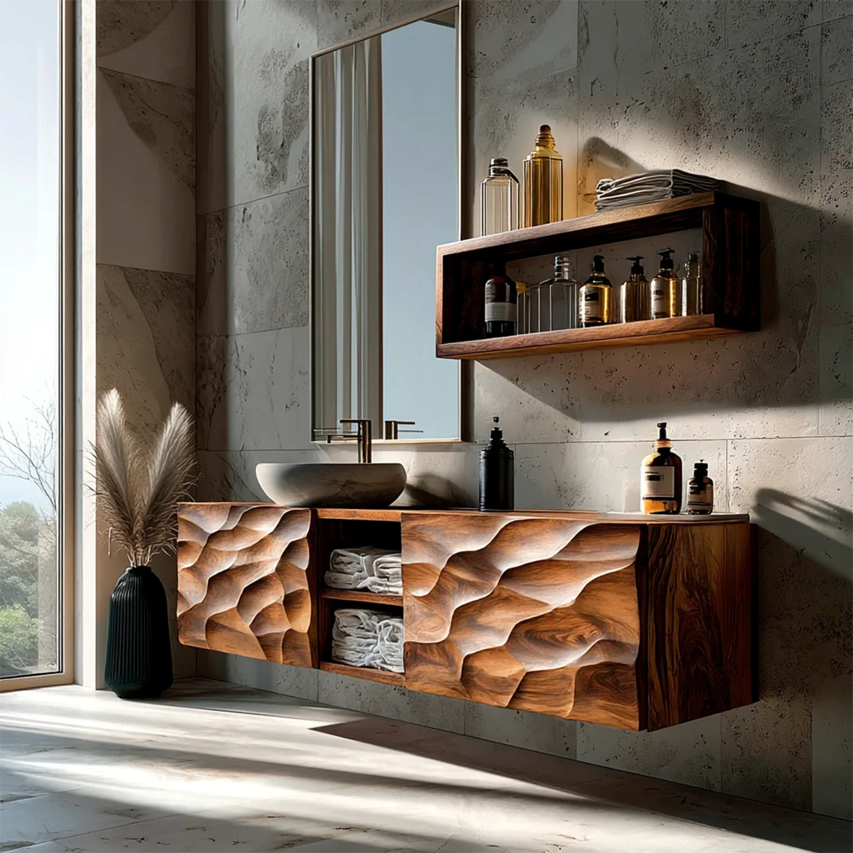 Sculpted floating vanity in brown tone – solid wood bathroom vanity