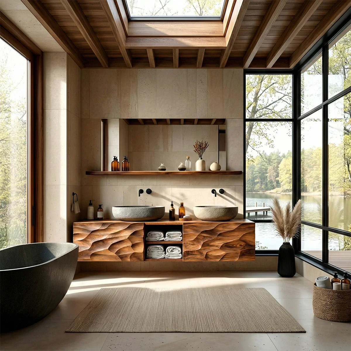 Floating vanity with textured doors – solid wood vanity