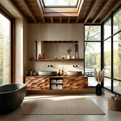Floating vanity with textured doors – solid wood vanity