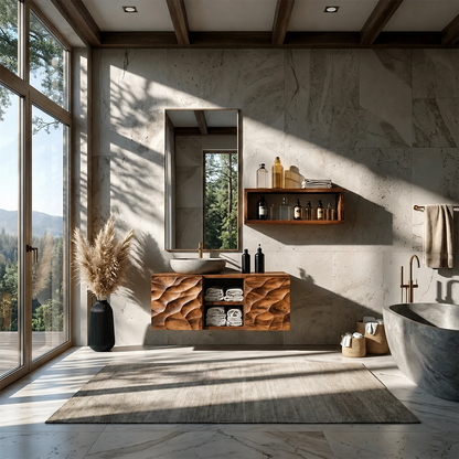Sculptural Wave Floating Bathroom Vanity Natural Solid Wood