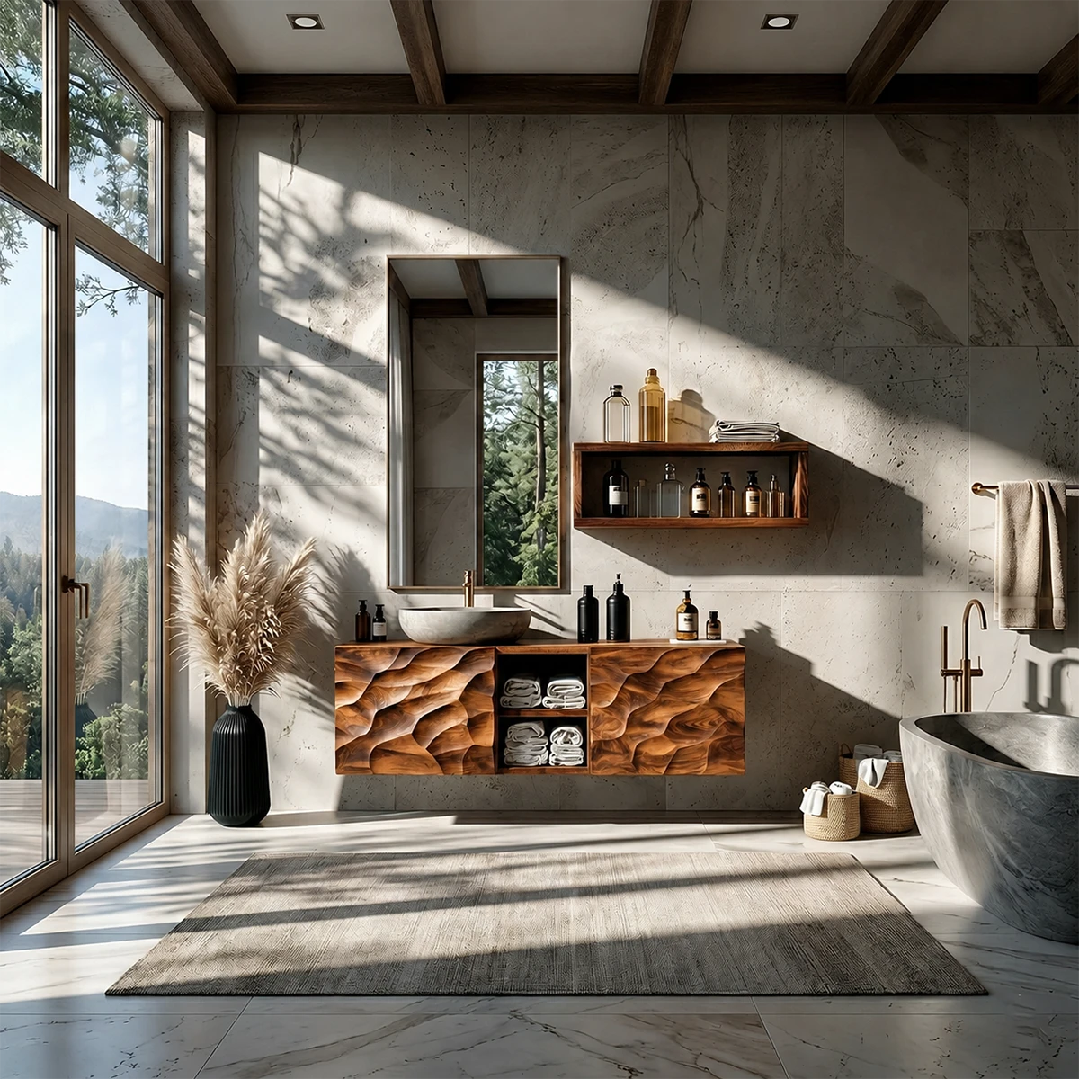 Sculptural Wave Floating Bathroom Vanity Natural Solid Wood