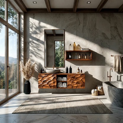 Sculptural Wave Floating Bathroom Vanity Natural Solid Wood