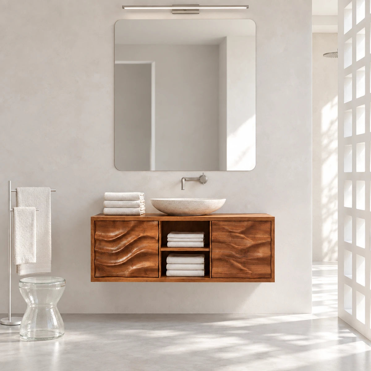 Space saving vanity unit in natural solid wood with two doors and center towel storage