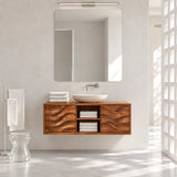 Space saving vanity unit in natural solid wood with two doors and center towel storage
