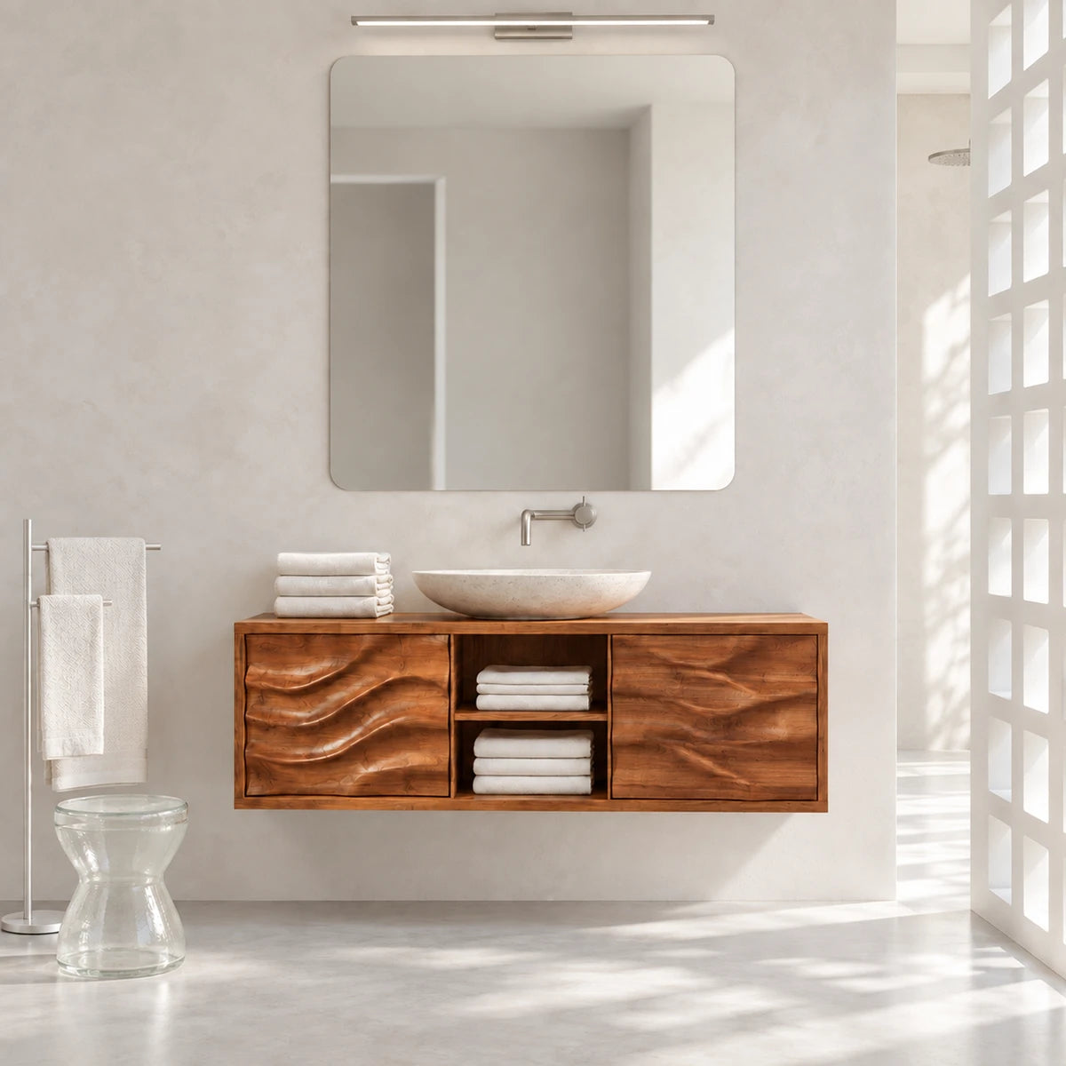 Clean lined bathroom vanity in natural solid wood with vessel basin and open cubbies