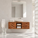 Clean lined bathroom vanity in natural solid wood with vessel basin and open cubbies