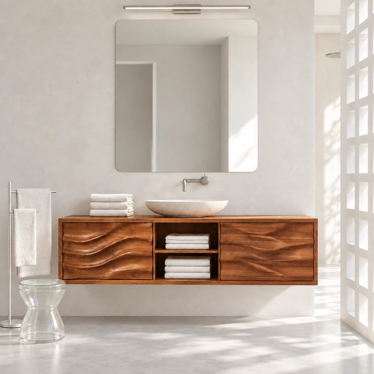 Sleek bathroom vanity in natural solid wood with two doors and floating storage design