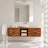 Sleek bathroom vanity in natural solid wood with two doors and floating storage design
