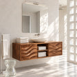 Floating bathroom vanity in natural solid wood with two doors and center open shelves