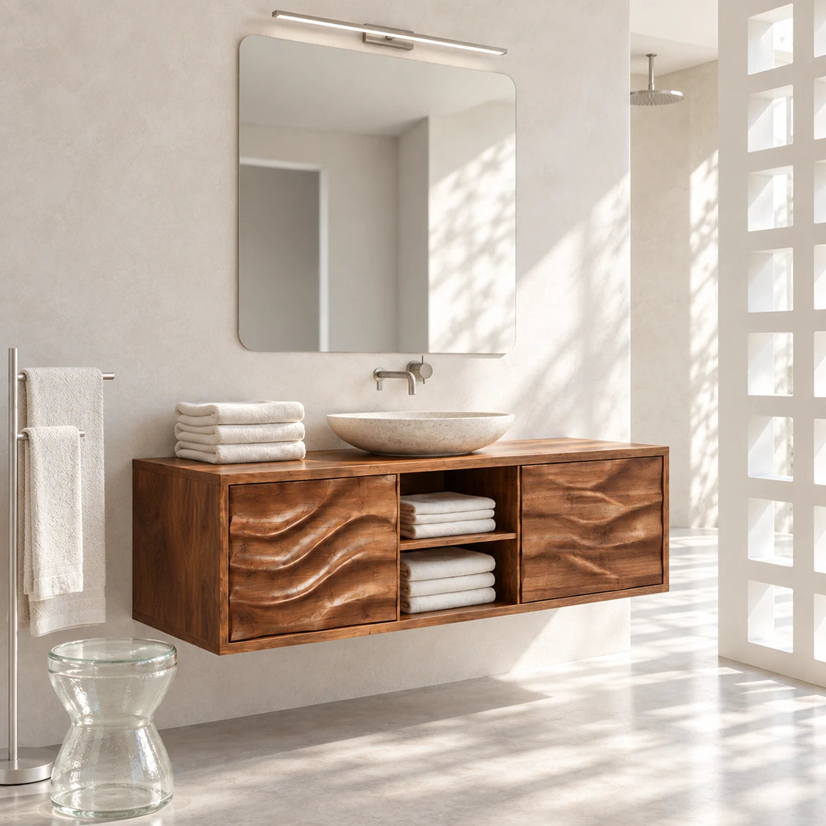 Floating bathroom vanity in natural solid wood with two doors and center open shelves