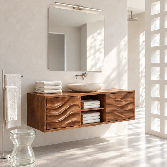 Floating bathroom vanity in natural solid wood with two doors and center open shelves
