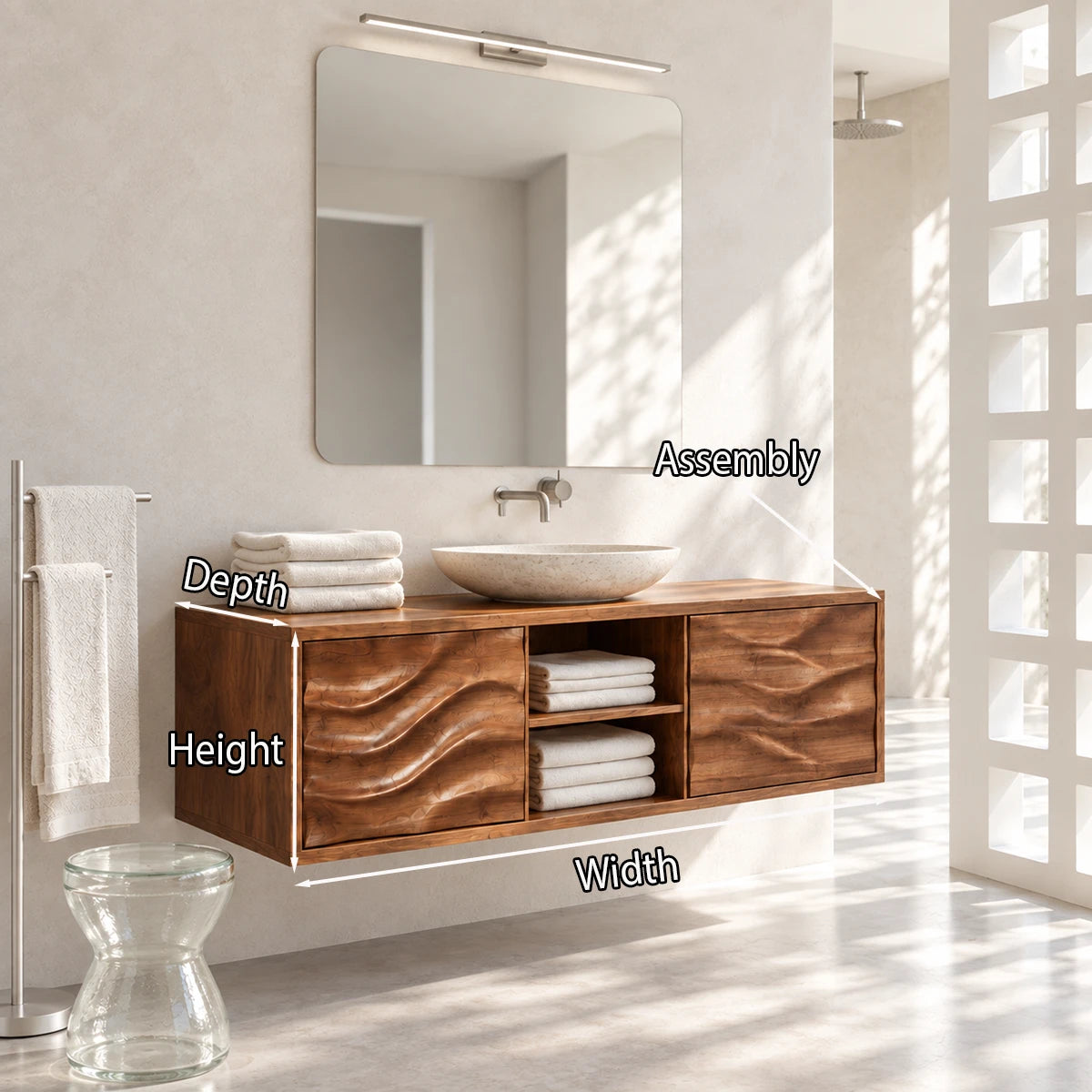 Designer bathroom vanity in natural solid wood with sculpted fronts and open shelving