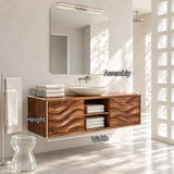 Designer bathroom vanity in natural solid wood with sculpted fronts and open shelving