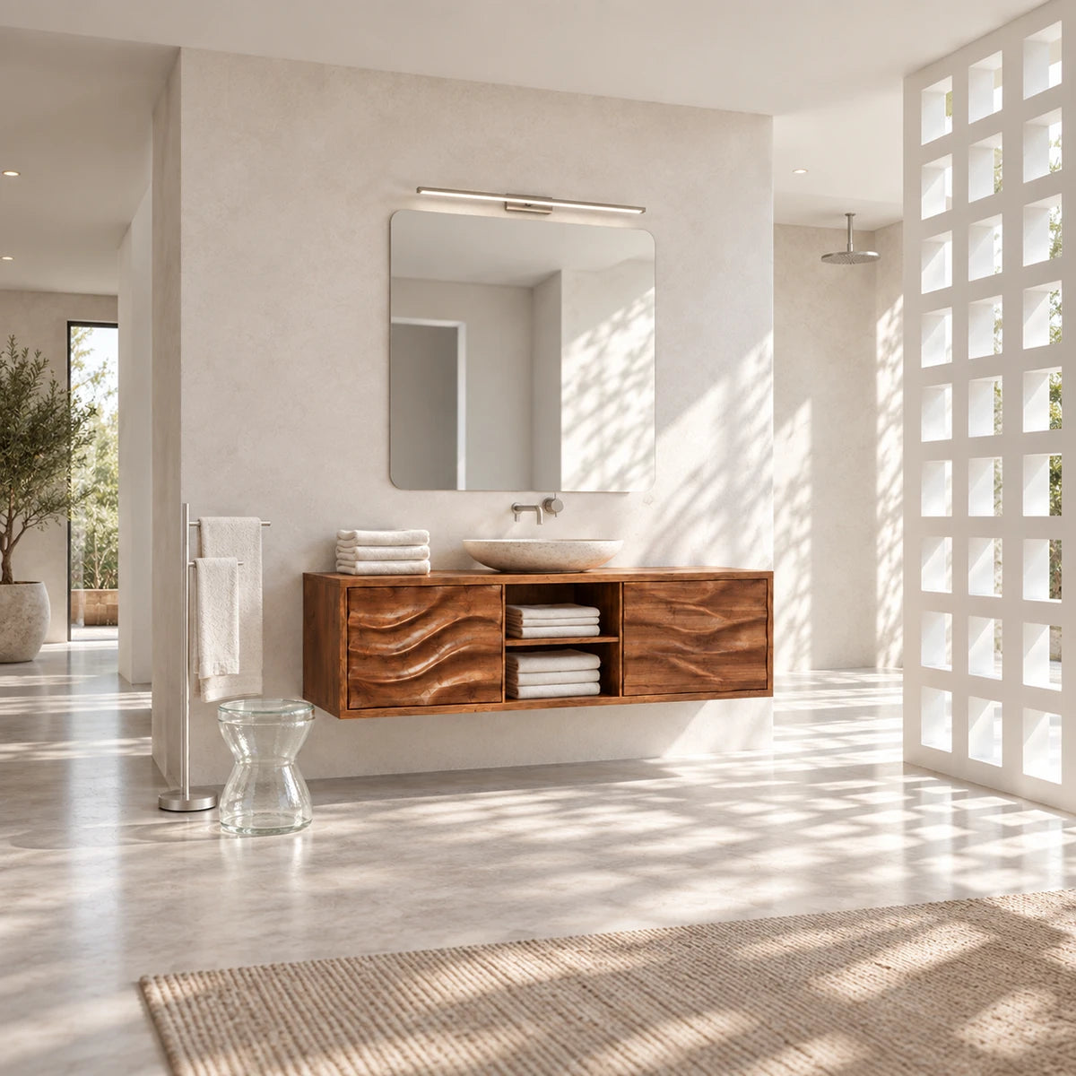 Modern wall mounted vanity in natural solid wood with vessel sink and open towel storage
