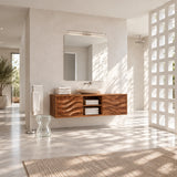 Modern wall mounted vanity in natural solid wood with vessel sink and open towel storage