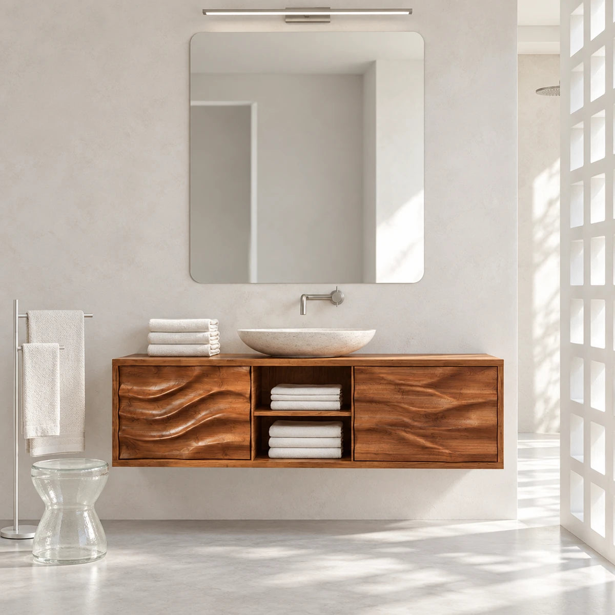 Single sink bathroom vanity in natural solid wood with two doors and center shelving