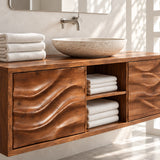 Minimalist bath vanity in natural solid wood with carved doors and open center storage