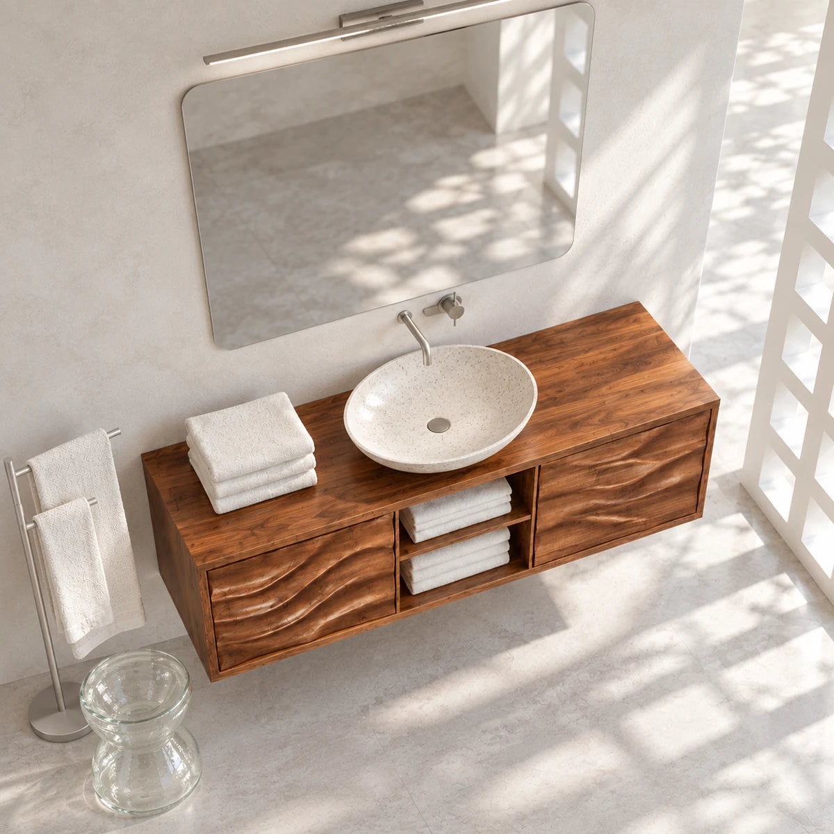 Contemporary bathroom vanity in natural solid wood with vessel basin and two doors
