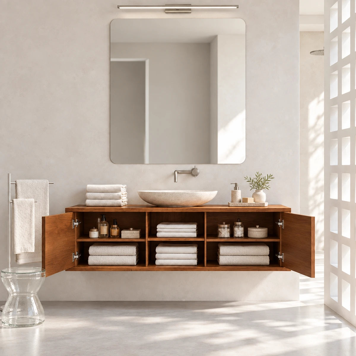 Elegant floating vanity in natural solid wood with sculpted doors and towel shelves