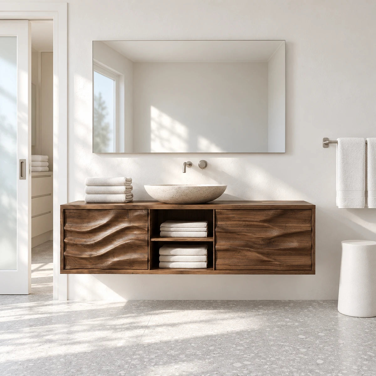 Wall hung bathroom vanity in natural solid wood with two doors and open center cubbies